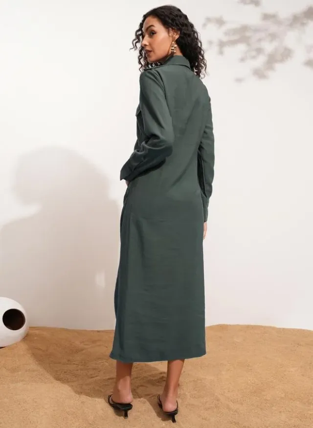 Solid Collared Shirt Midi Dress With Front Slit Detail – image 2