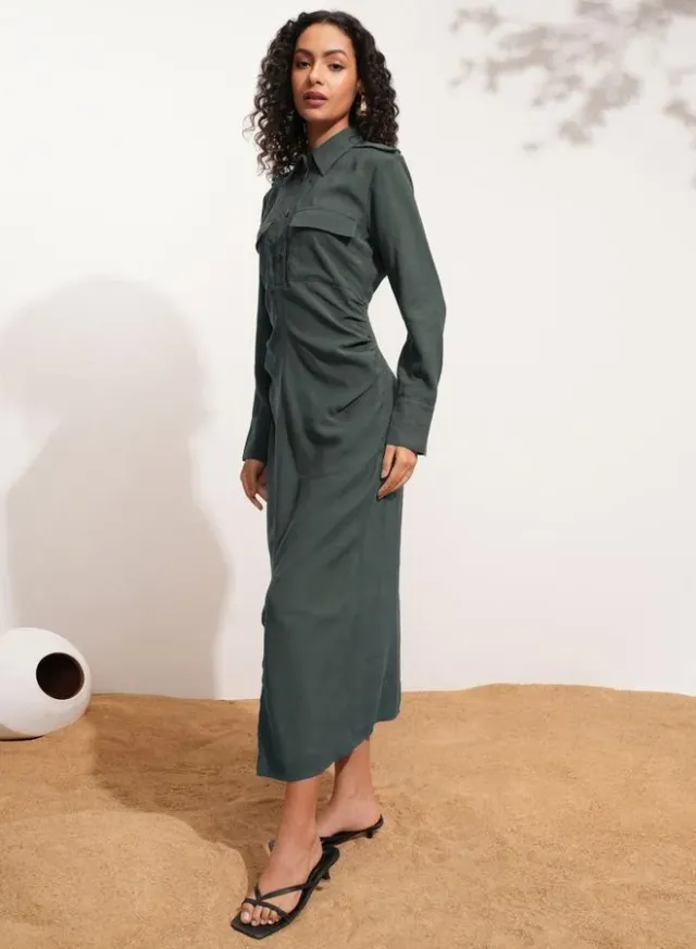Solid Collared Shirt Midi Dress With Front Slit Detail – image 3