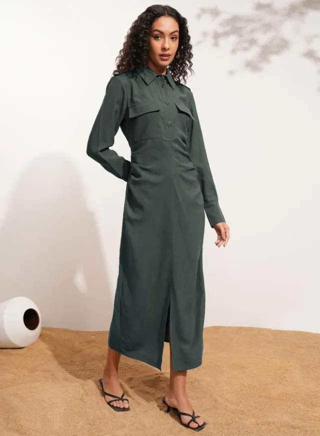 Solid Collared Shirt Midi Dress With Front Slit Detail – image 5