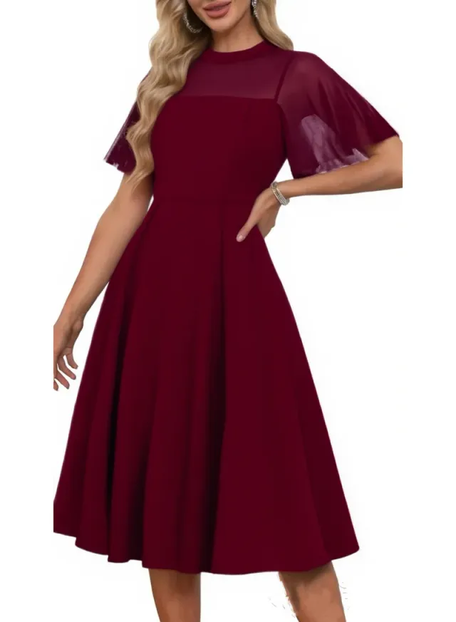 Elegant Button Detail Dress Red Work  Casual Dress Cocktail Swing Dress – image 2
