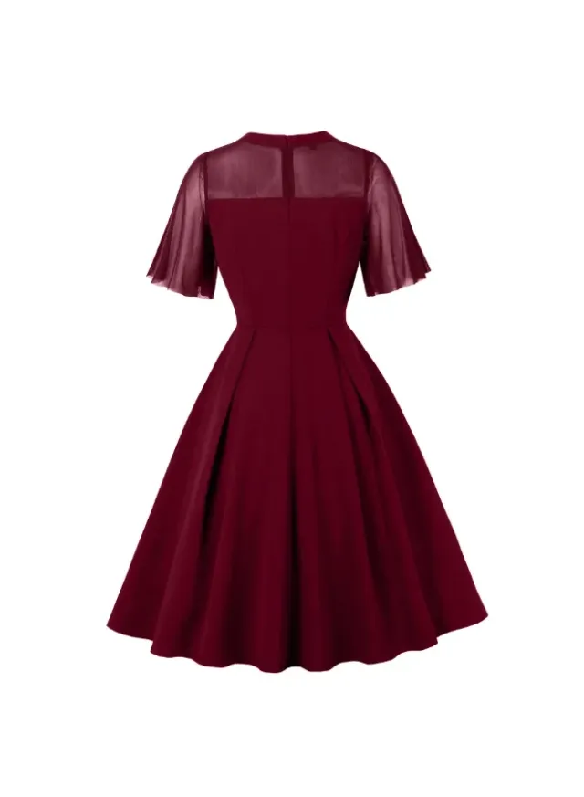 Elegant Button Detail Dress Red Work  Casual Dress Cocktail Swing Dress – image 4