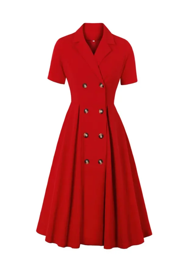 Elegant Button Detail Dress Red Work  Casual Dress Cocktail Swing Dress