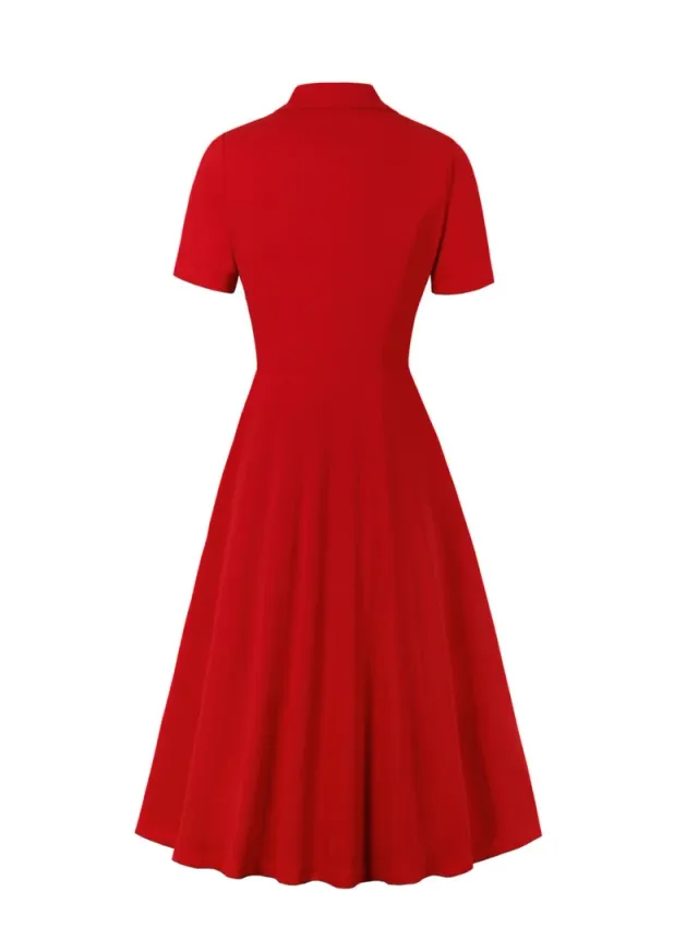 Elegant Button Detail Dress Red Work Casual Dress Cocktail Swing Dress – image 2