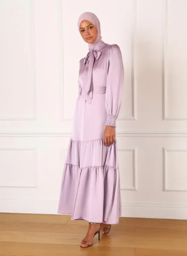 Refka by modanisa Lilac Satin Tie-Up Neck Tiered Maxi Dress – image 2