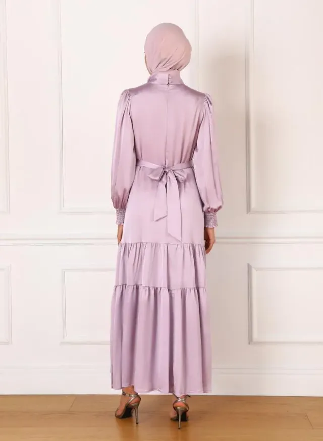 Refka by modanisa Lilac Satin Tie-Up Neck Tiered Maxi Dress – image 5