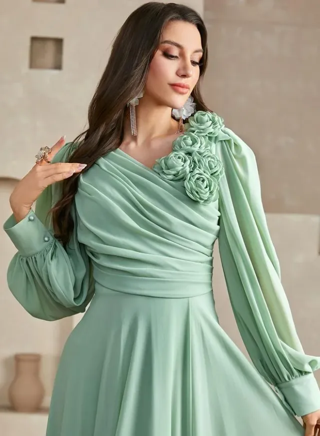 Green 3D Flower Detail Fold Pleat Maxi Dress