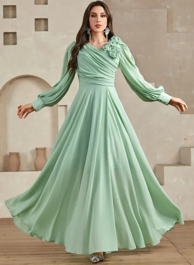 Green 3D Flower Detail Fold Pleat Maxi Dress – image 3