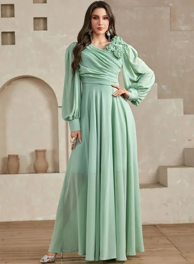 Green 3D Flower Detail Fold Pleat Maxi Dress – image 4