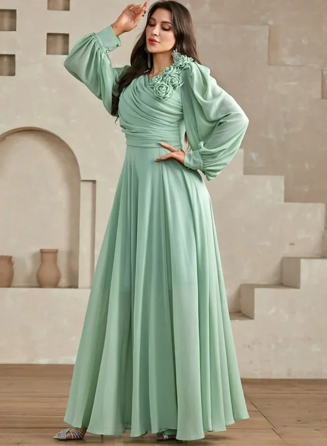 Green 3D Flower Detail Fold Pleat Maxi Dress – image 5
