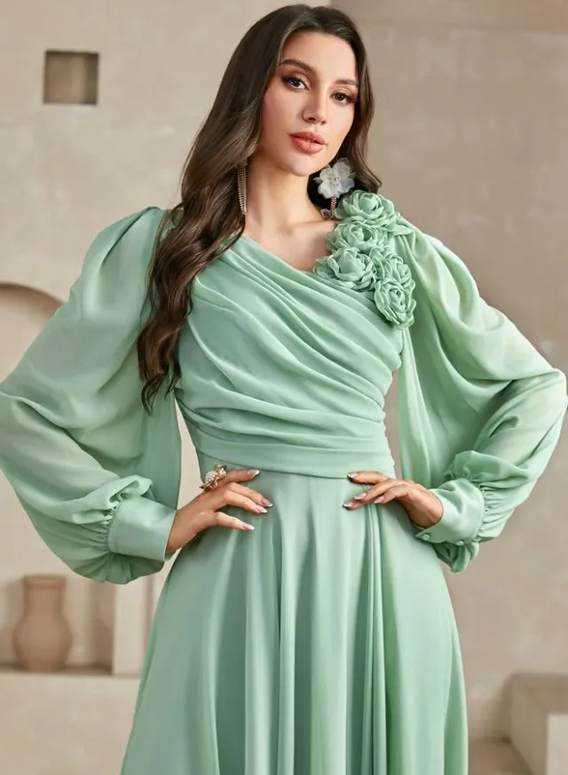 Green 3D Flower Detail Fold Pleat Maxi Dress – image 6