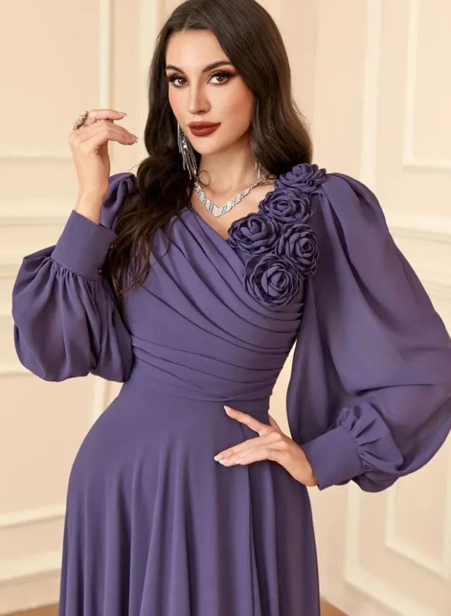Women Pleated Flower Detail Balloon Sleeve Maxi Dress