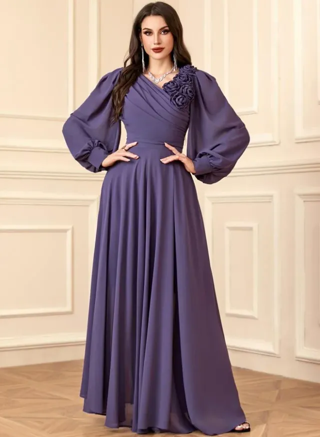 Women Pleated Flower Detail Balloon Sleeve Maxi Dress – image 3