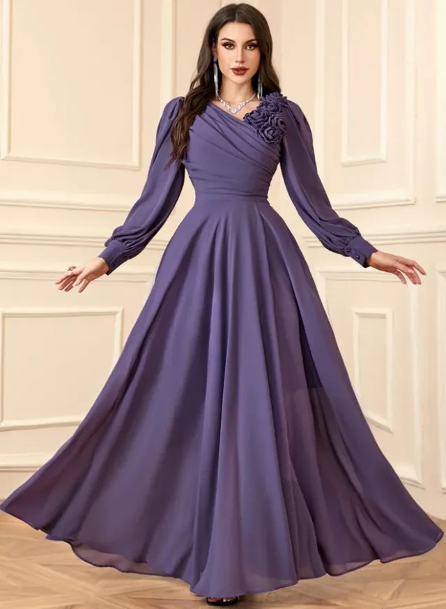 Women Pleated Flower Detail Balloon Sleeve Maxi Dress – image 4