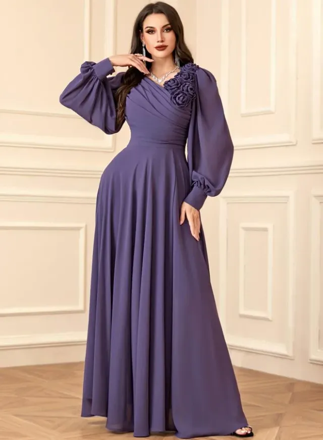 Women Pleated Flower Detail Balloon Sleeve Maxi Dress – image 5