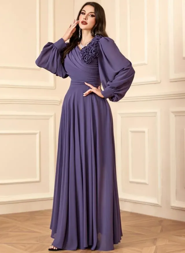 Women Pleated Flower Detail Balloon Sleeve Maxi Dress – image 6