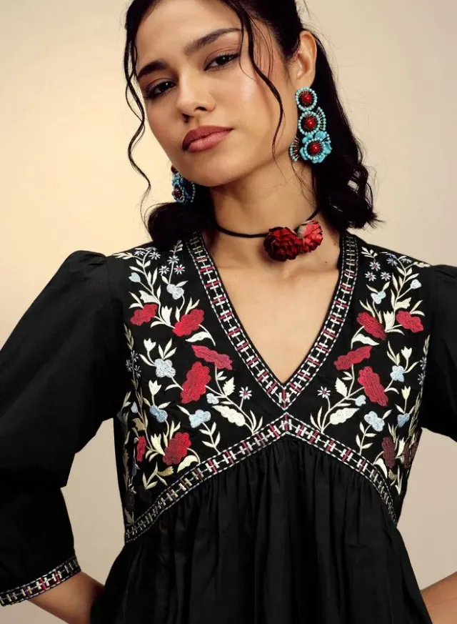 Black Poplin Embroidered Gathered Mini Dress – image 4