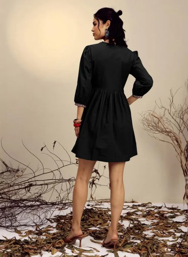 Black Poplin Embroidered Gathered Mini Dress – image 5