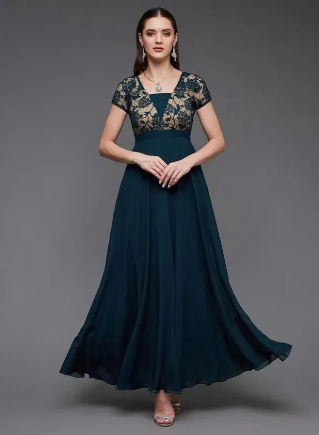 Miss Chase Green Lace Insert A-Line Maxi Dress