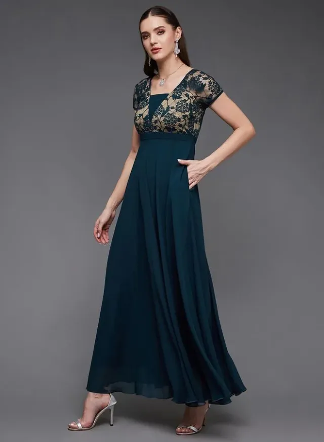 Miss Chase Green Lace Insert A-Line Maxi Dress – صورة 2