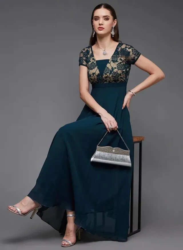 Miss Chase Green Lace Insert A-Line Maxi Dress – صورة 5