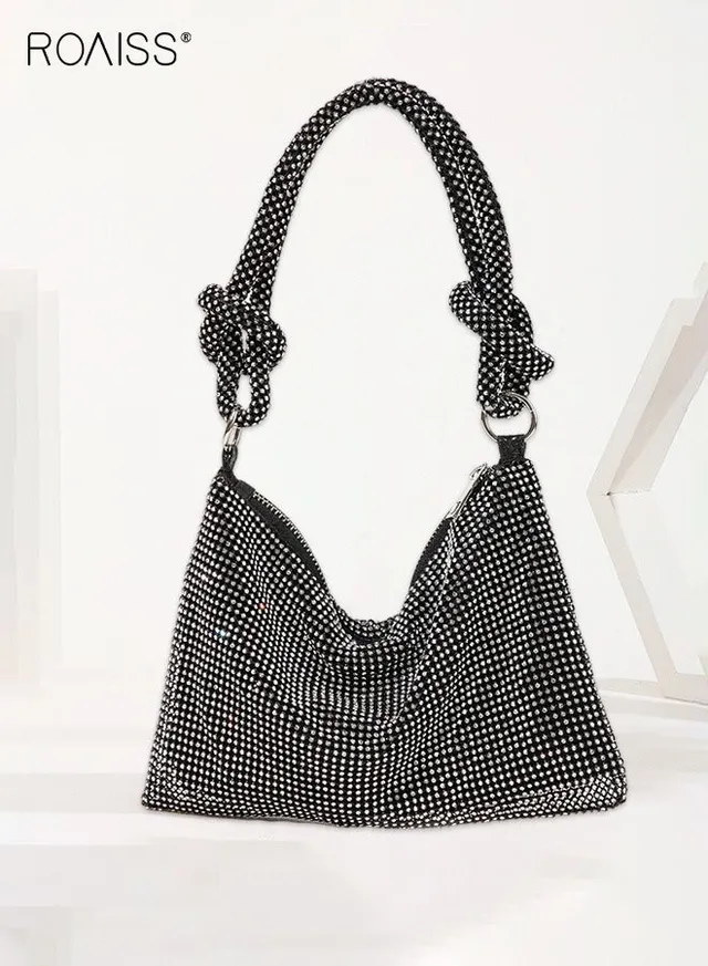 Women Stylish Shoulder Bag with Rhinestone, Elegant Chic Underarm Bag, Simple Glittery Bag for Lady, Versatile Handbag with Smooth Zipper, Suitable for Daily Items
