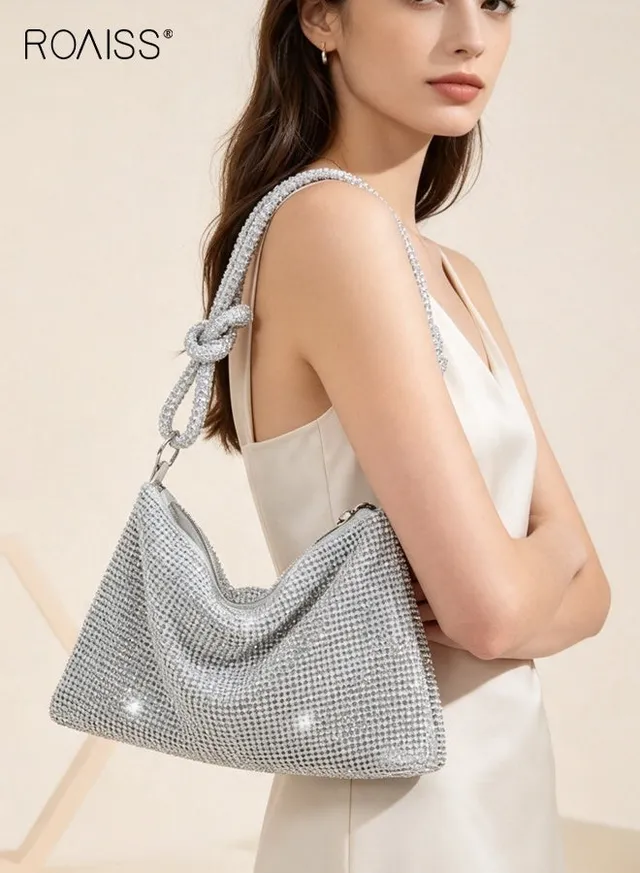 Women Stylish Shoulder Bag with Rhinestone, Elegant Chic Underarm Bag, Simple Glittery Bag for Lady, Versatile Handbag with Smooth Zipper, Suitable for Daily Items