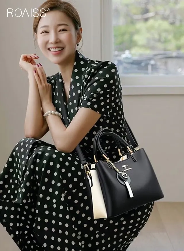 Women's Patent PU Leather Two-Tone Handbag, Elegant Structured Tote Bag with Detachable Shoulder Strap, Ladies Classic Shoulder Bag Handle Satchel Bag with Gold-Tone Hardware, Multi-Functional Crossbody Purse for Work Office Business Everyday Casual Wear – image 2
