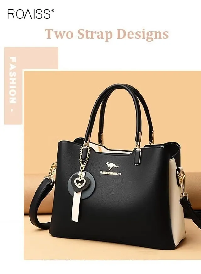 Women's Patent PU Leather Two-Tone Handbag, Elegant Structured Tote Bag with Detachable Shoulder Strap, Ladies Classic Shoulder Bag Handle Satchel Bag with Gold-Tone Hardware, Multi-Functional Crossbody Purse for Work Office Business Everyday Casual Wear – image 3