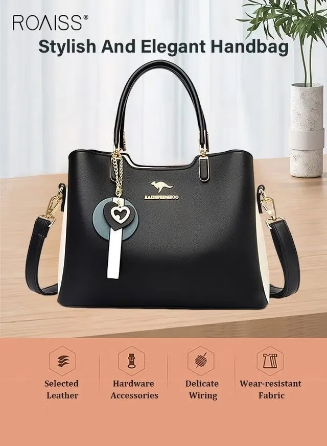 Women's Patent PU Leather Two-Tone Handbag, Elegant Structured Tote Bag with Detachable Shoulder Strap, Ladies Classic Shoulder Bag Handle Satchel Bag with Gold-Tone Hardware, Multi-Functional Crossbody Purse for Work Office Business Everyday Casual Wear – image 4