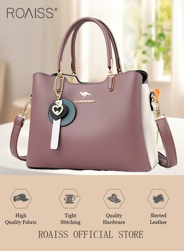 Women's Patent PU Leather Two-Tone Handbag, Elegant Structured Tote Bag with Detachable Shoulder Strap, Ladies Classic Shoulder Bag  Handle Satchel Bag with Gold-Tone Hardware, Multi-Functional Crossbody Purse for Work Office Business Everyday Casual Wear – image 2