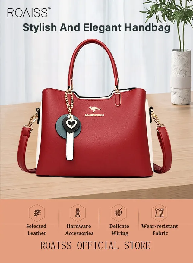 Women's Patent PU Leather Two-Tone Handbag, Elegant Structured Tote Bag with Detachable Shoulder Strap, Ladies Classic Shoulder Bag  Handle Satchel Bag with Gold-Tone Hardware, Multi-Functional Crossbody Purse for Work Office Business Everyday Casual Wear – image 2