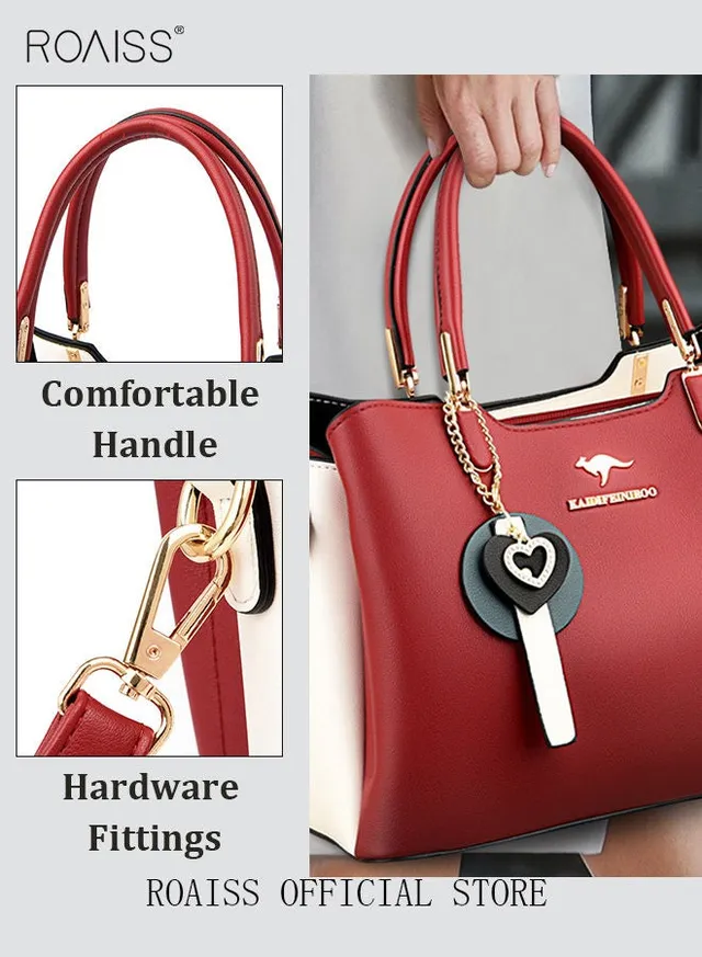 Women's Patent PU Leather Two-Tone Handbag, Elegant Structured Tote Bag with Detachable Shoulder Strap, Ladies Classic Shoulder Bag  Handle Satchel Bag with Gold-Tone Hardware, Multi-Functional Crossbody Purse for Work Office Business Everyday Casual Wear – image 7