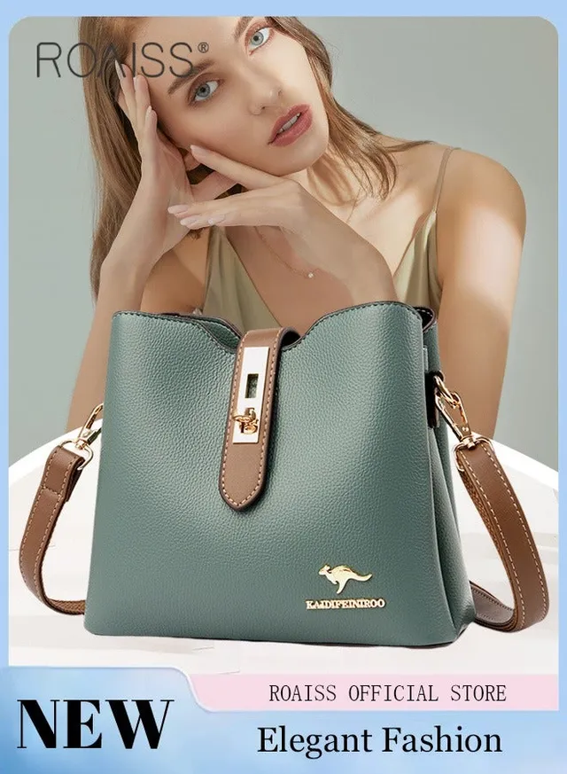 Women's Leather Shoulder Bag, Large Capacity Elegant Handbag Bag, Ladies Color-Blocked Stylish Crossbody Bucket Bag, Green