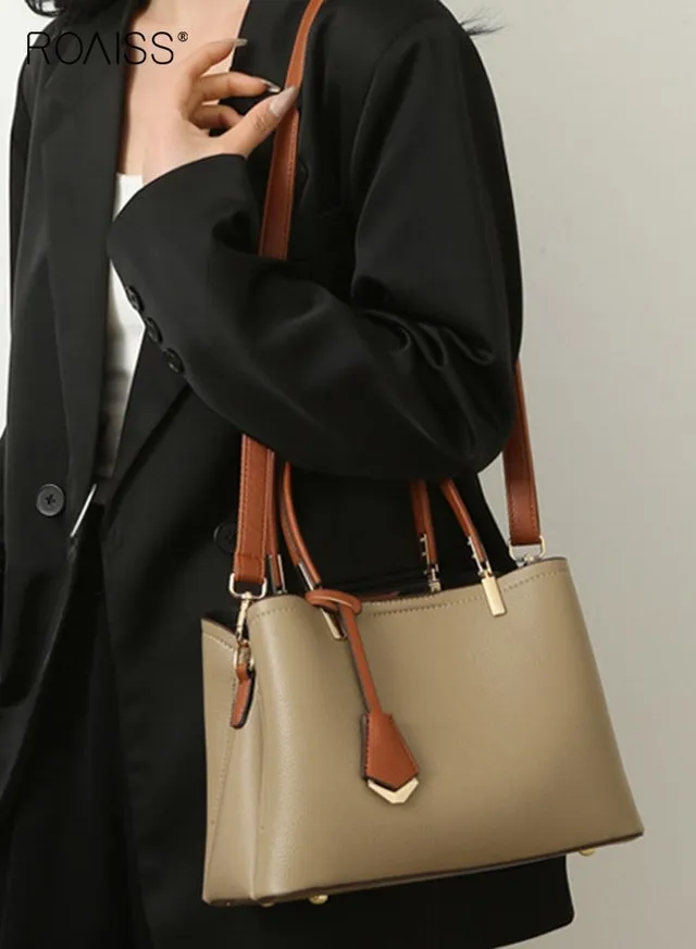 PU Leather Tote Bag for Women Stylish and Versatile Shoulder Messenger Bag Ladies New Style Trendy Multi-layer Handbag Wear Protection Khaki
