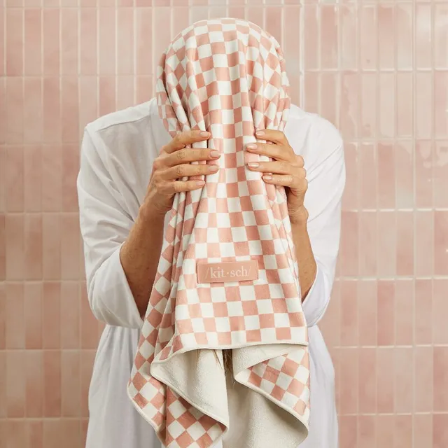 Extra Large Quick-Dry Microfiber Hair Towel Wrap - Terracotta Checker – image 2