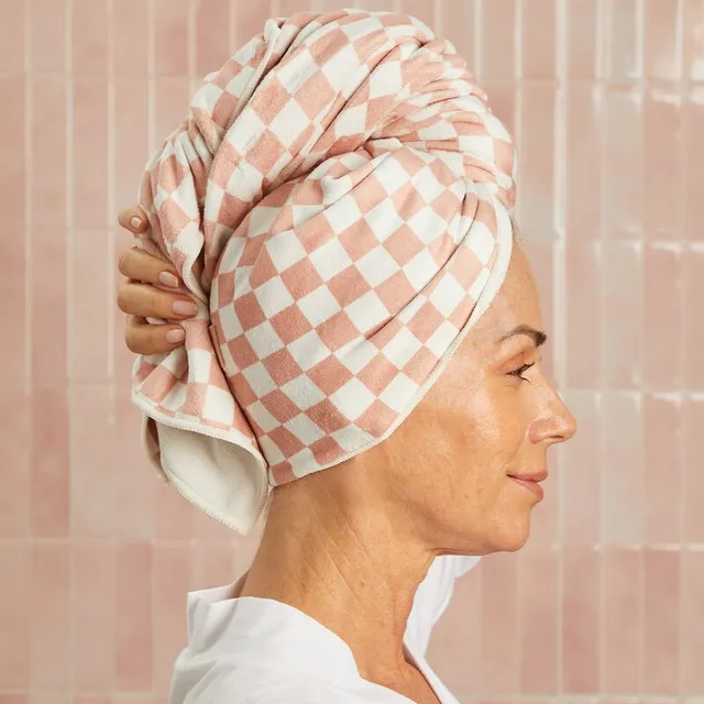 Extra Large Quick-Dry Microfiber Hair Towel Wrap - Terracotta Checker – image 4