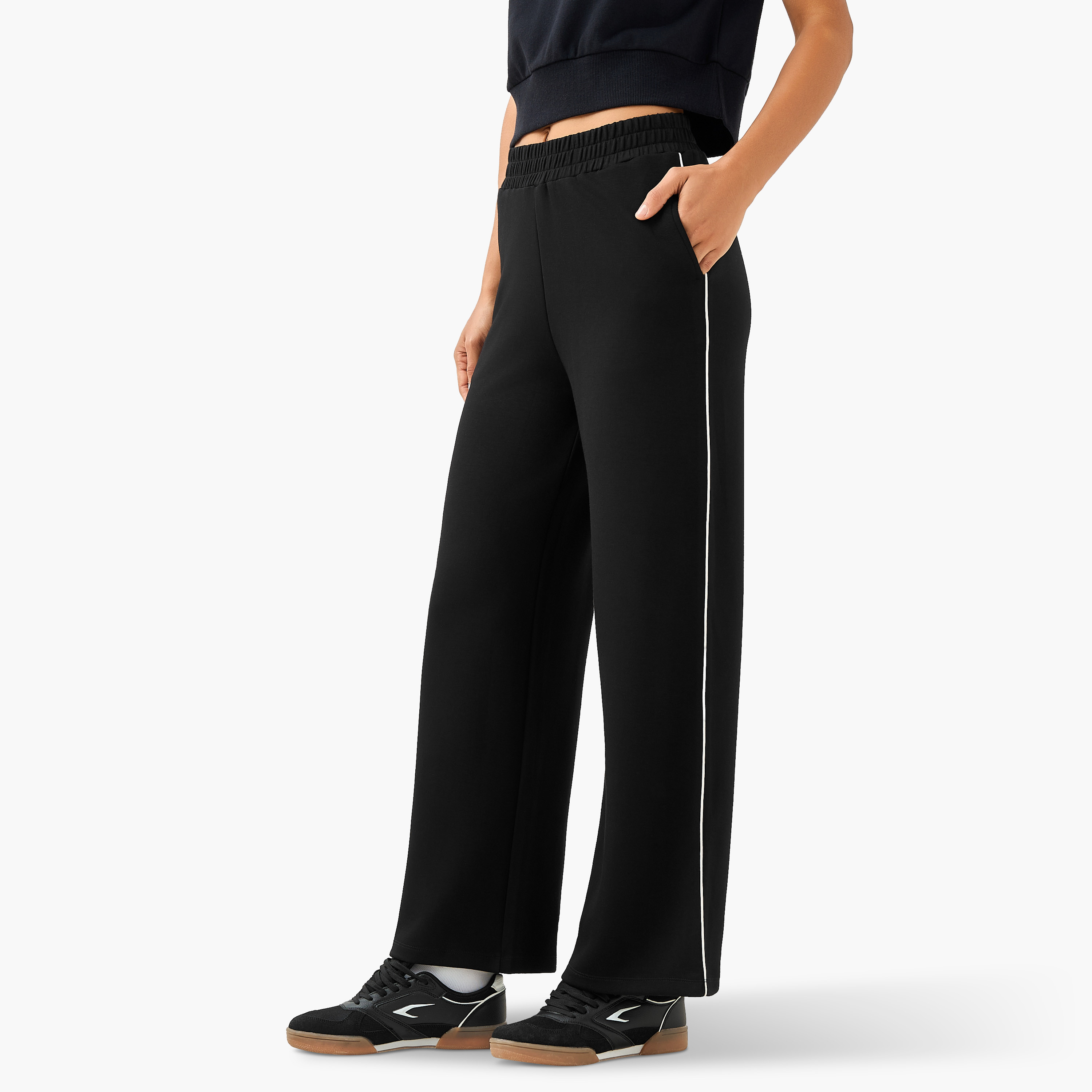 Wide Leg Mid-Rise Piping Trousers