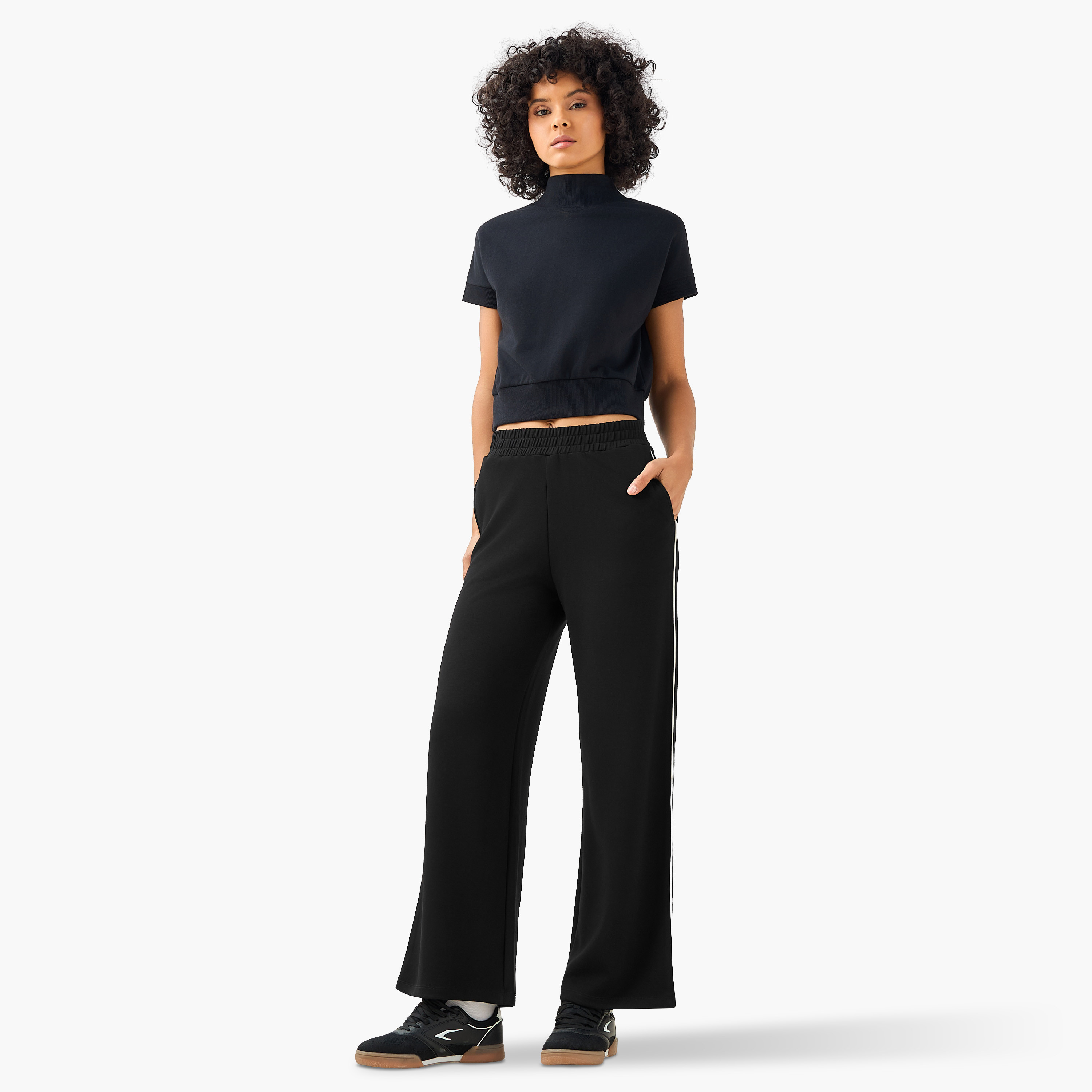 Wide Leg Mid-Rise Trousers with Piping Design