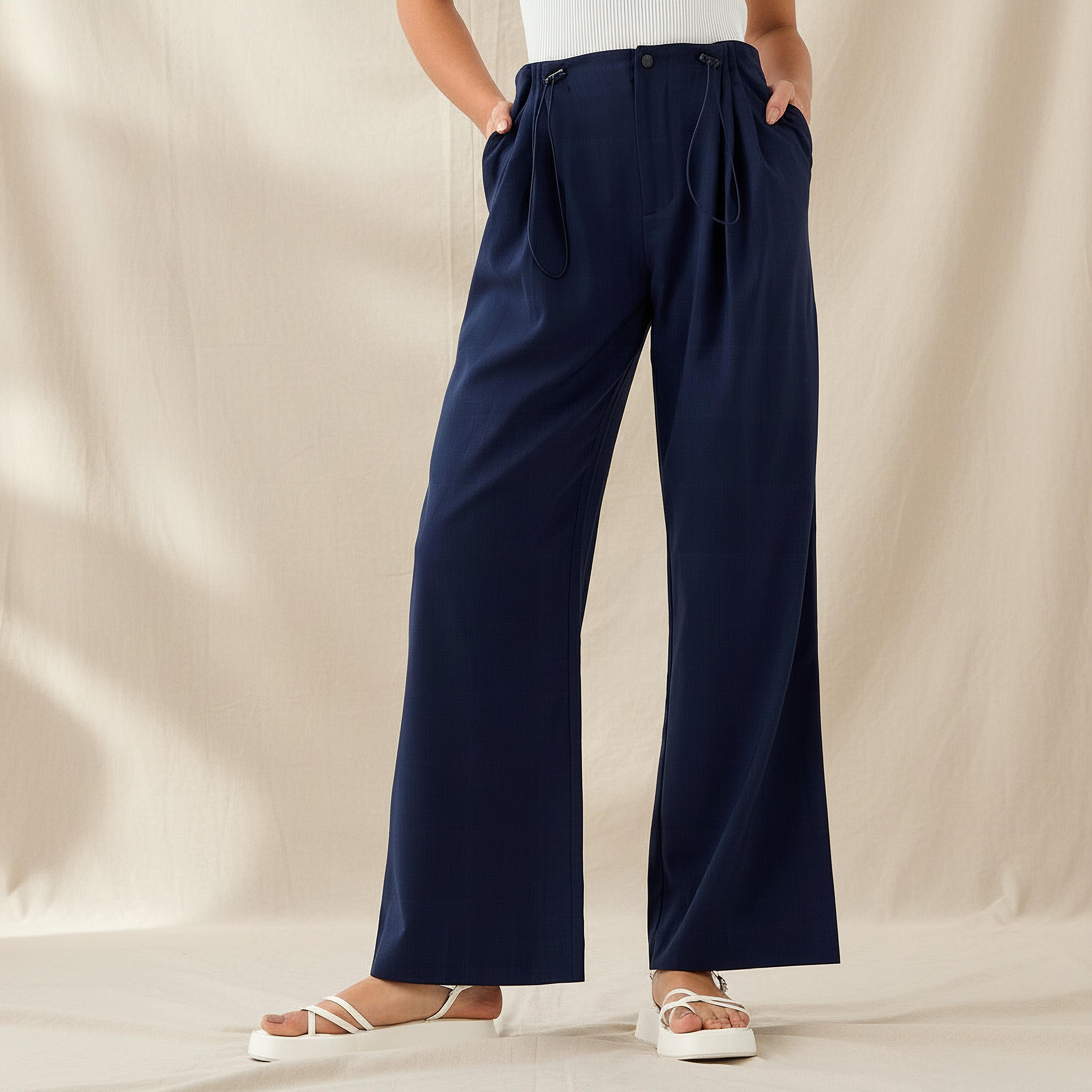 Button-Waist Pleated Wide Leg Pants