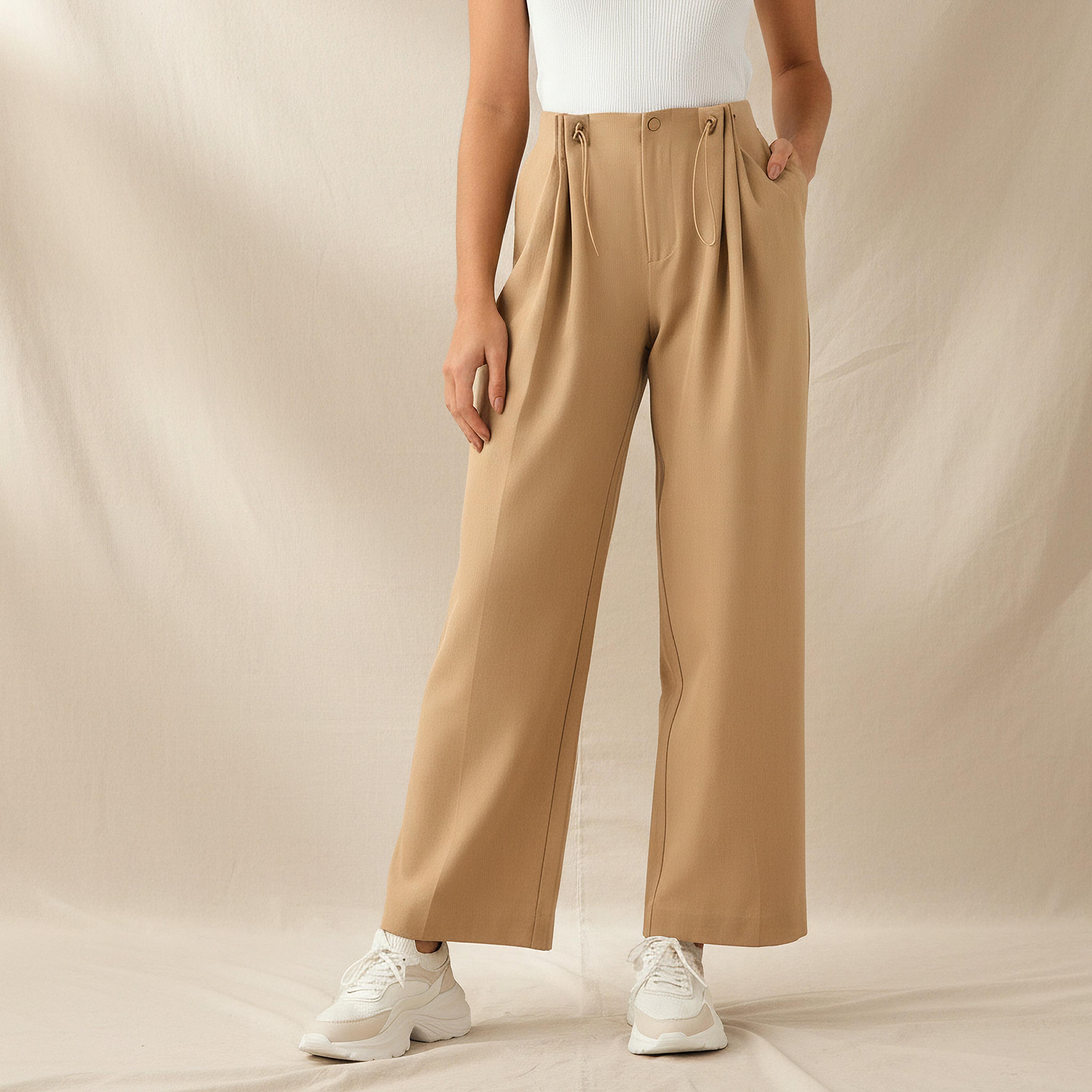 Button-Waist Pleated Wide Leg Pants