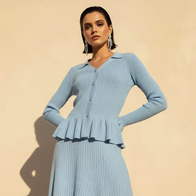 كارديجان بارز الملمس بياقة عادية وخصر كشكش