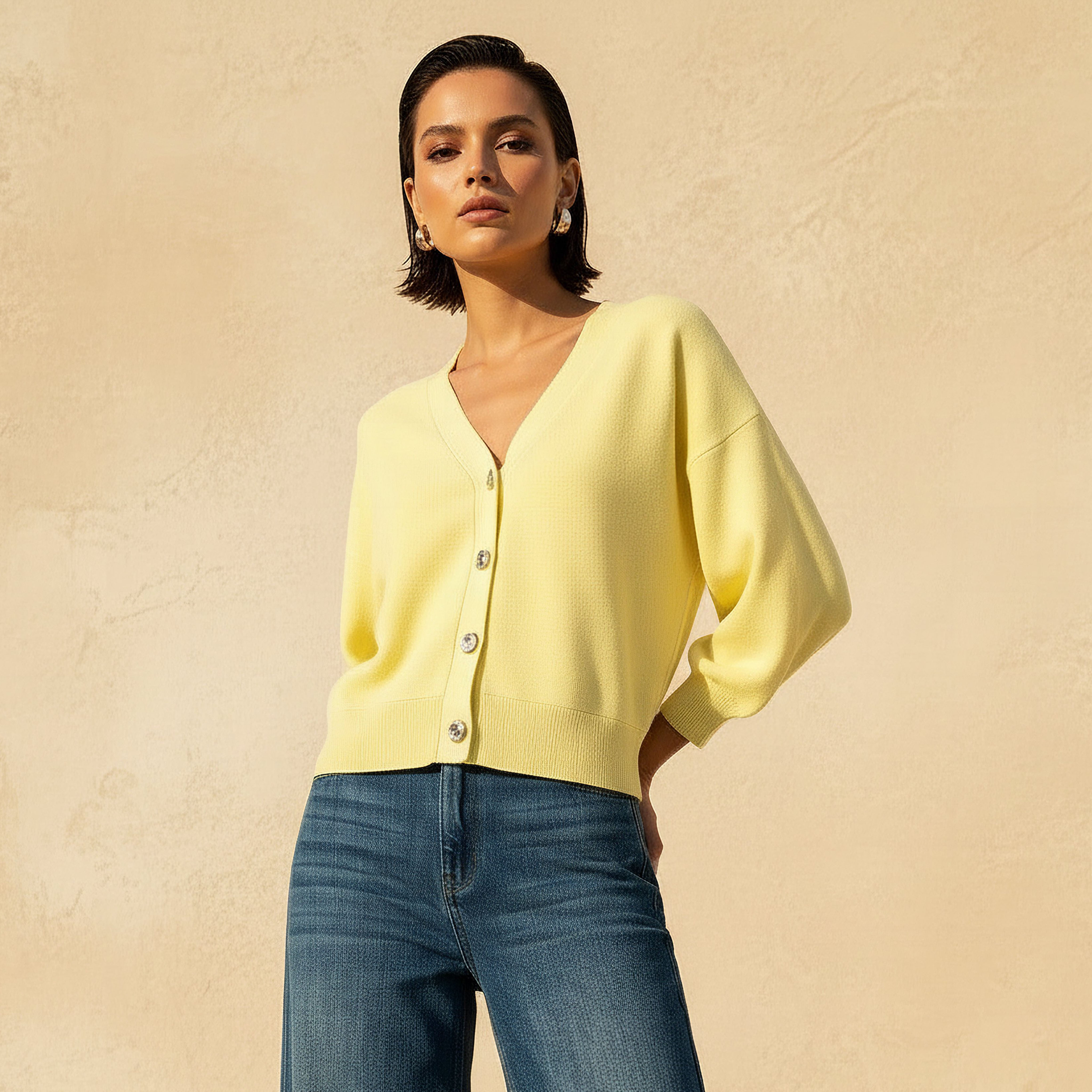 Ribbed Long Puff Sleeves V-neck Cardigan