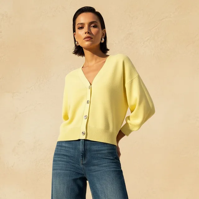 Ribbed Long Puff Sleeves V-neck Cardigan