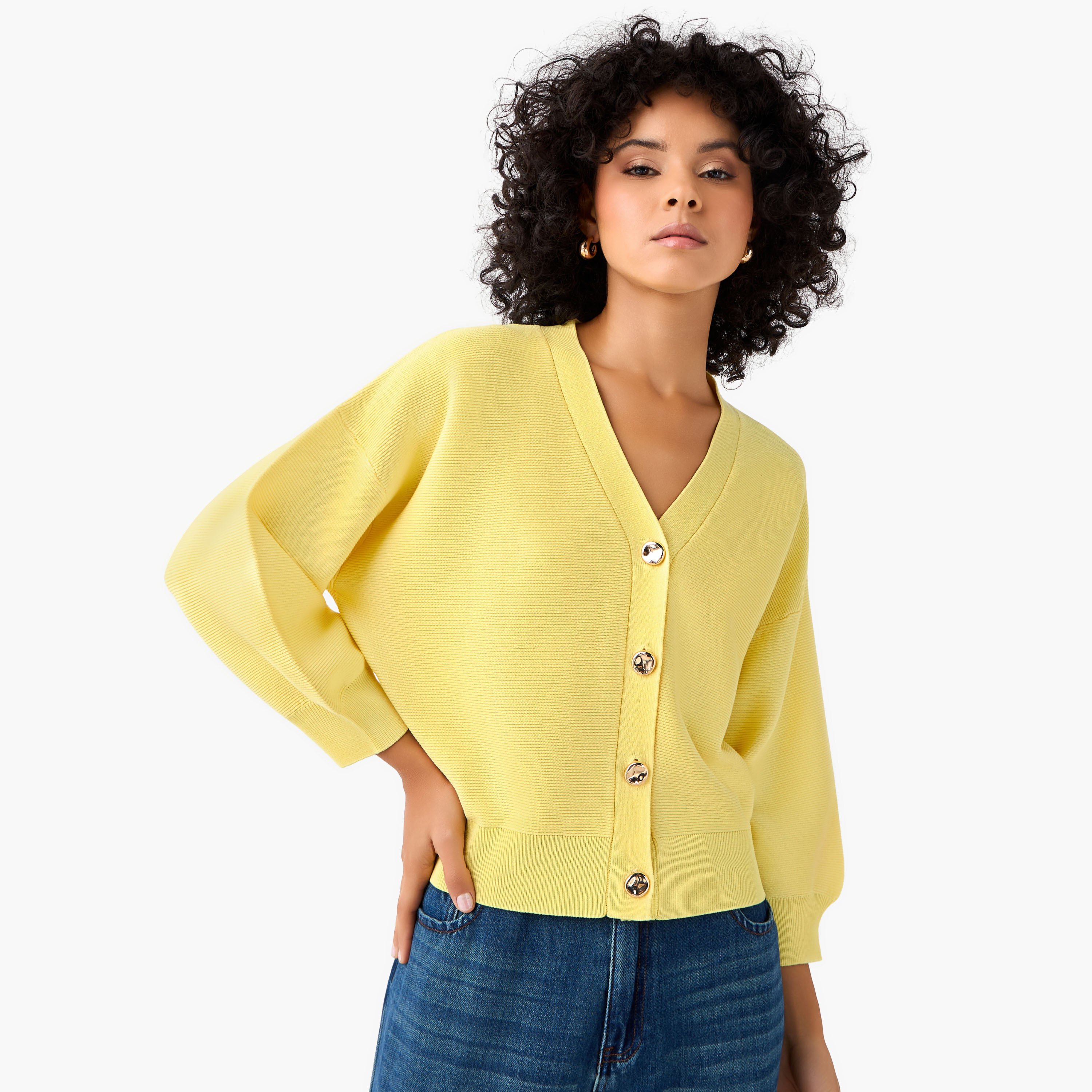 Ribbed Long Puff Sleeves V-neck Cardigan