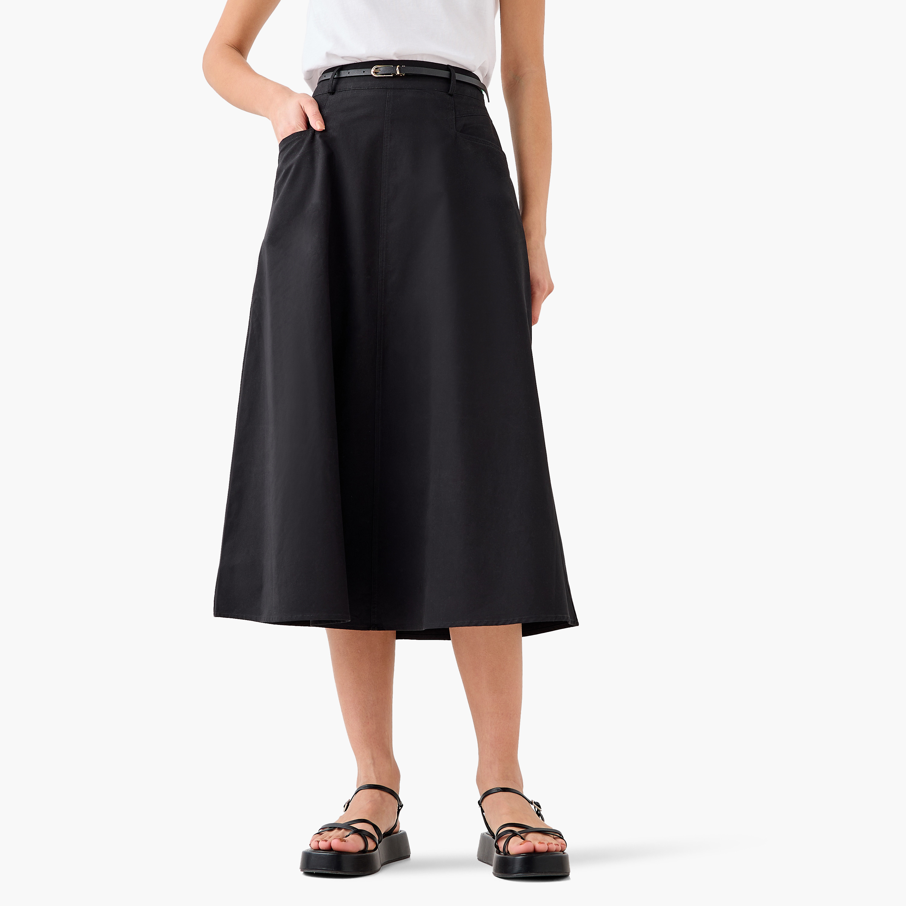 Midi Cotton Belted Skirt with Pockets