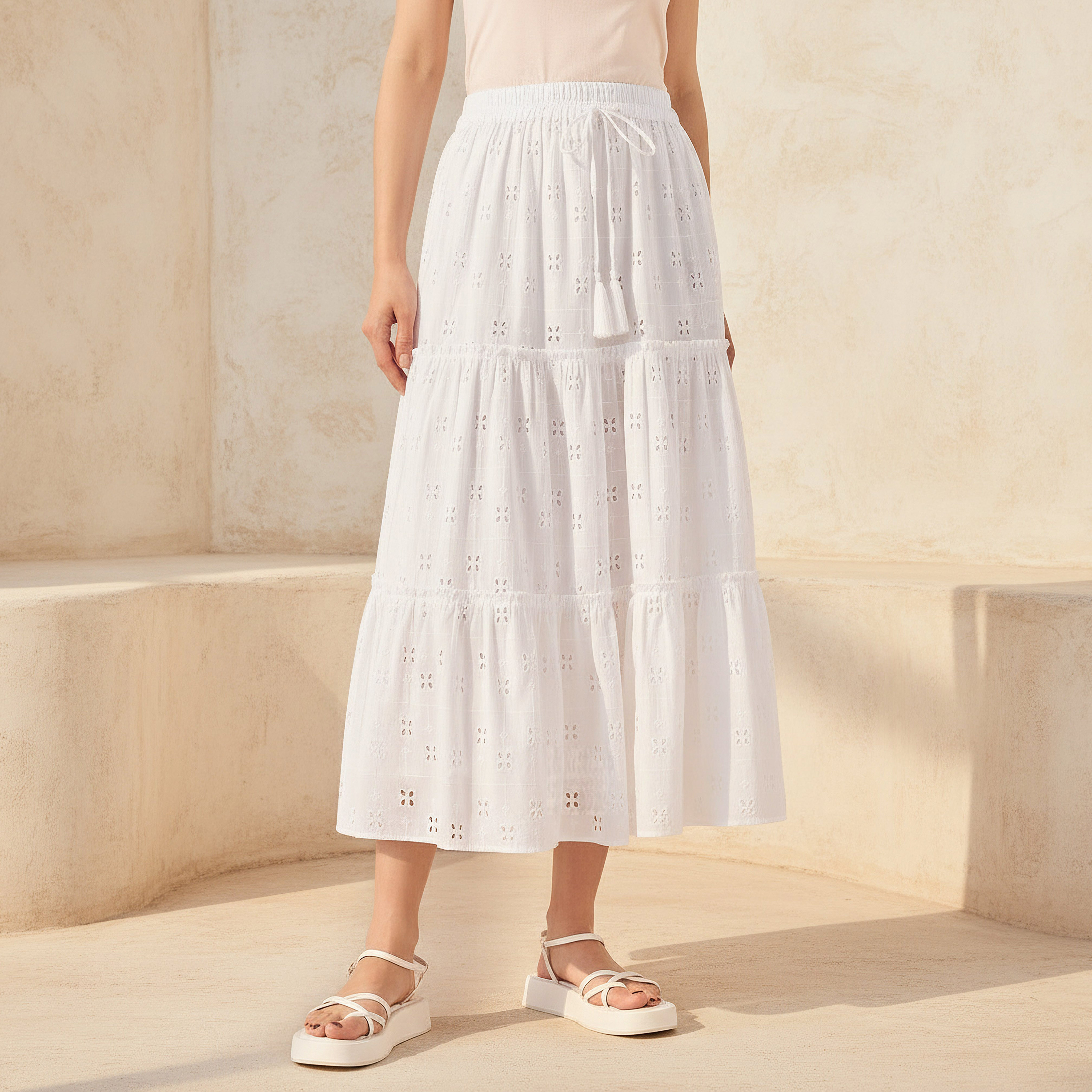 Cotton Midi Tiered Schiffli Embroidered Skirt White