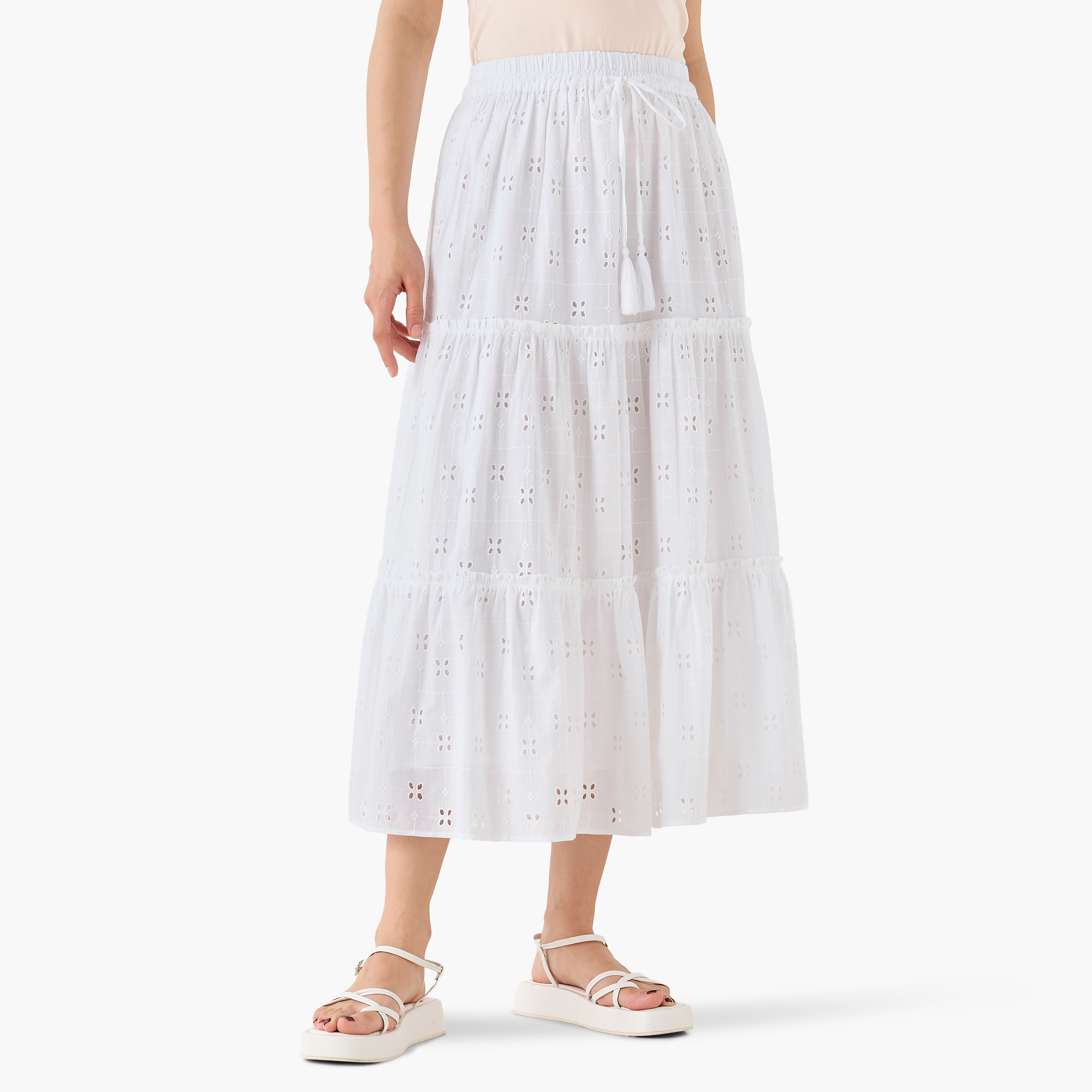 Midi Cotton Tiered Skirt with Schiffli Embroidery