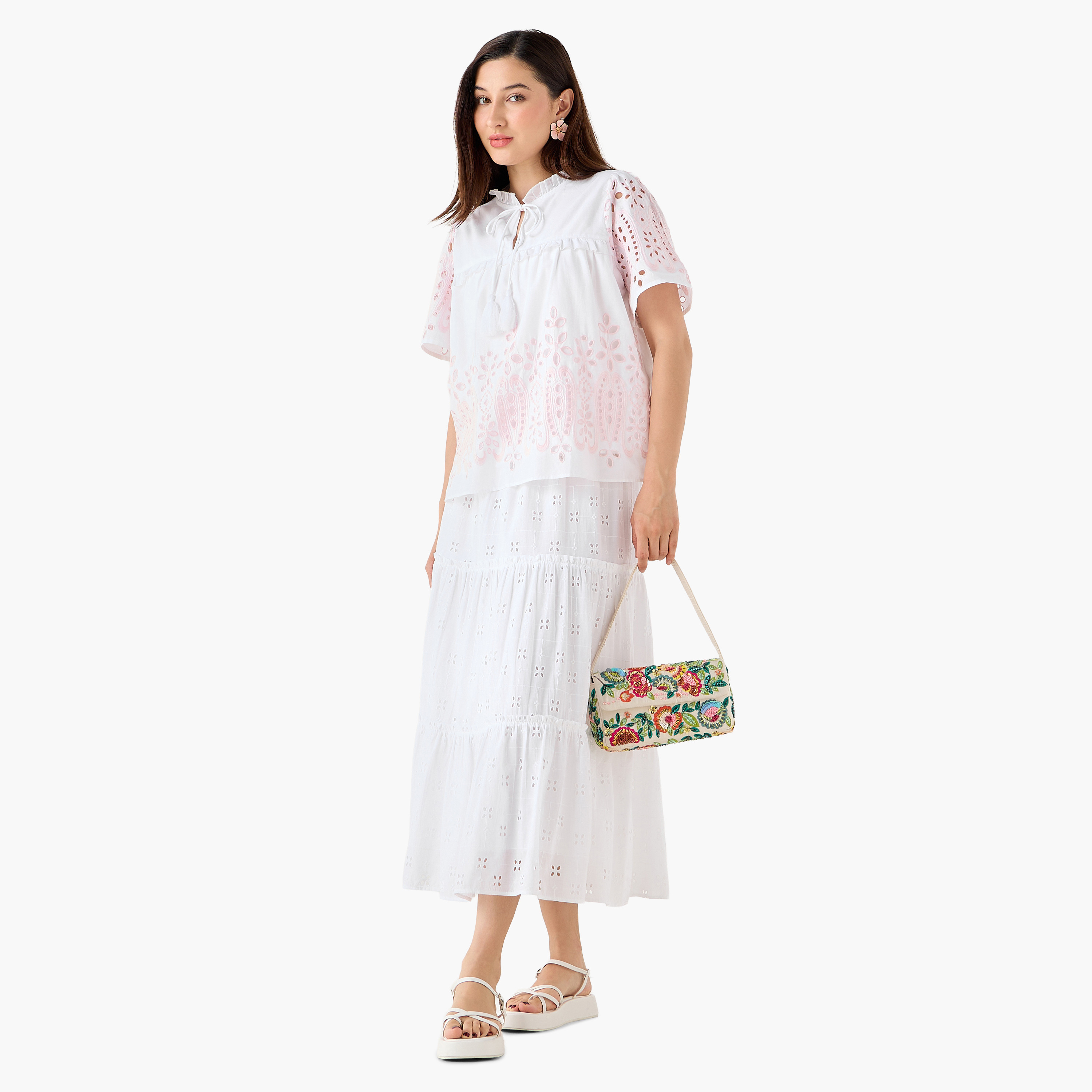 Midi Cotton Tiered Skirt with Schiffli Embroidery
