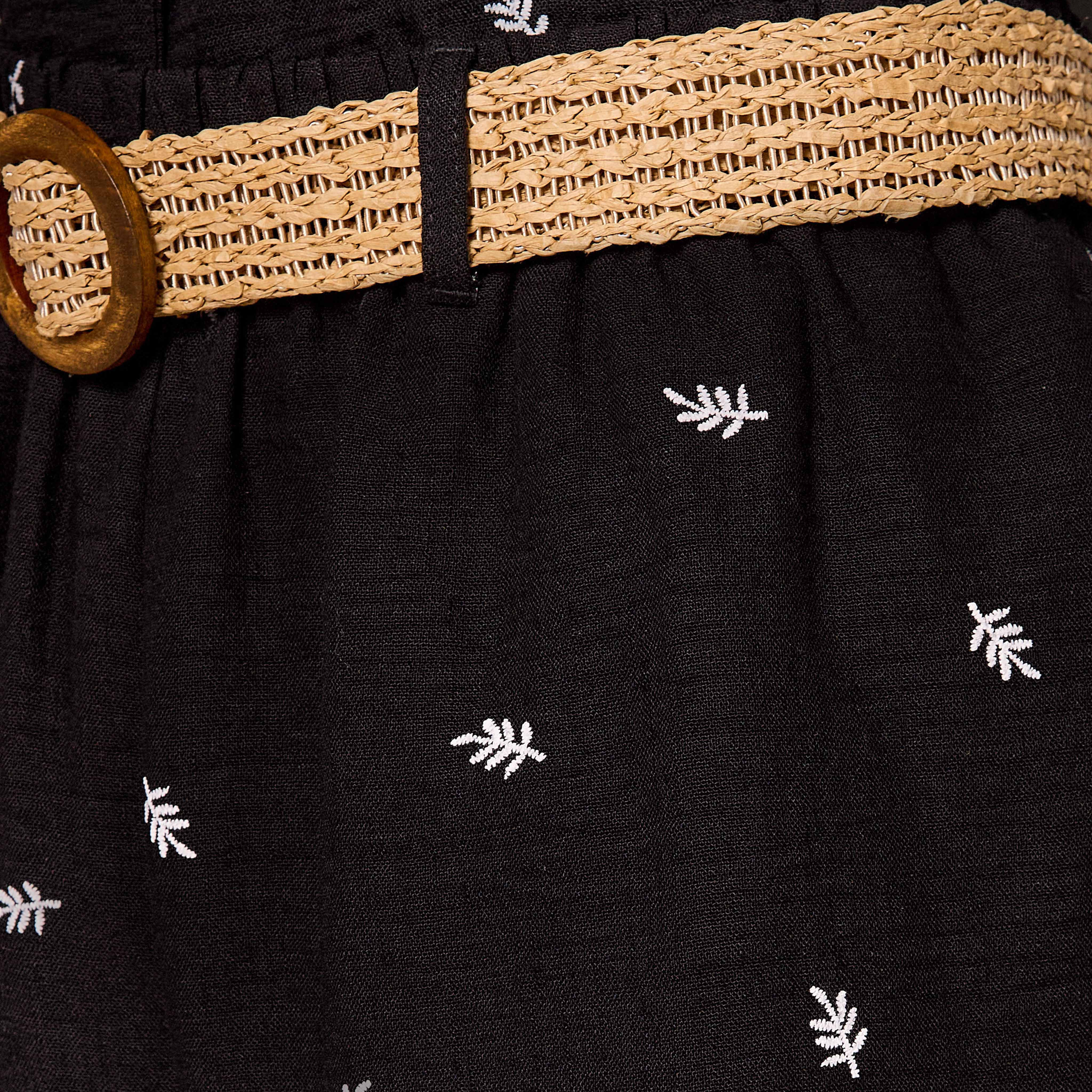 Mid-Rise Leaf Embroidered Belted Wide Leg Trousers