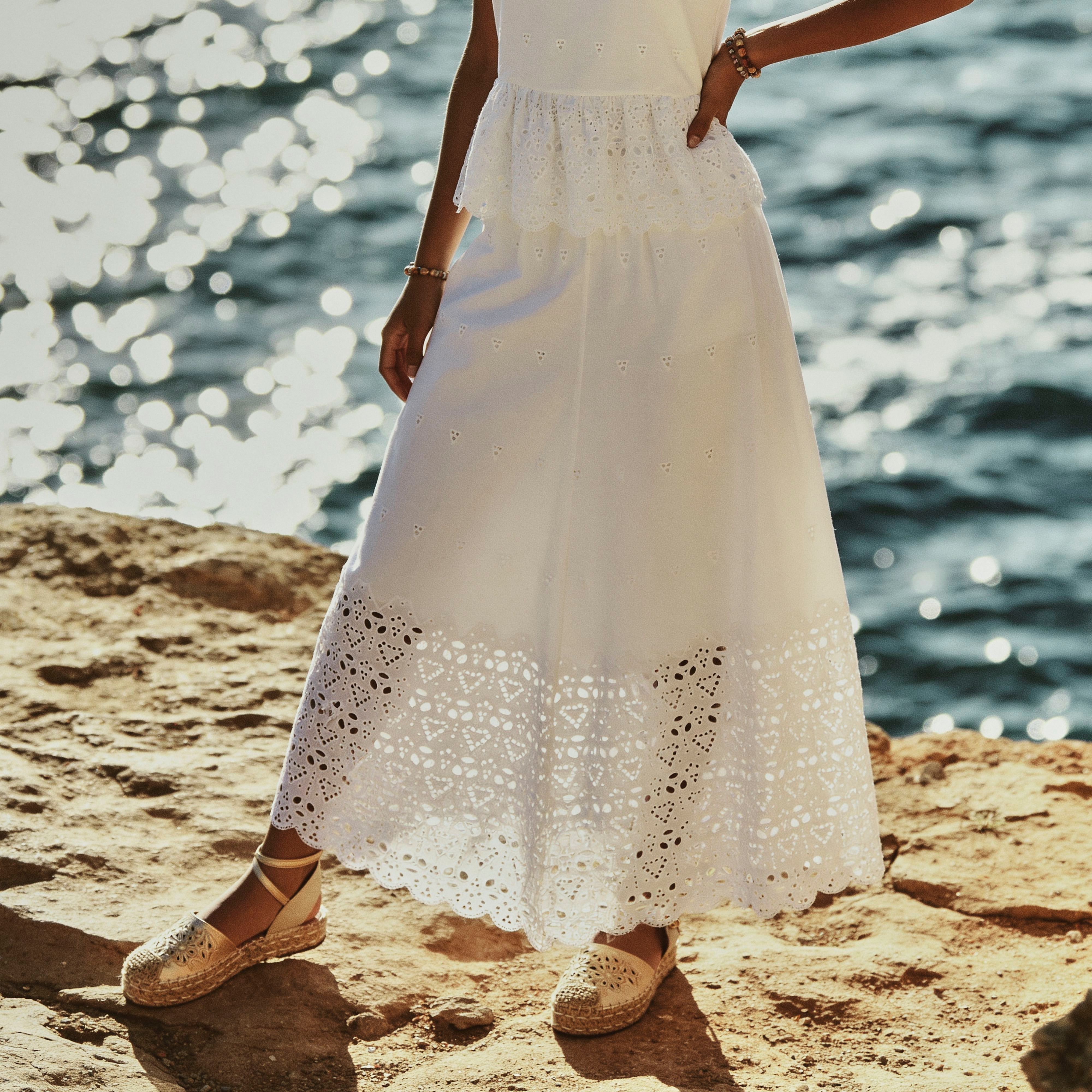 Youth Maxi Cotton Embroidered Skirt Scalloped Hem